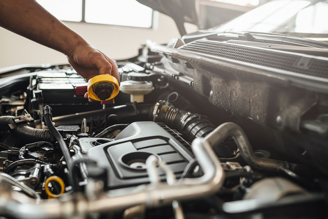 Checking engine oil during a spring oil change as part of seasonal vehicle maintenance