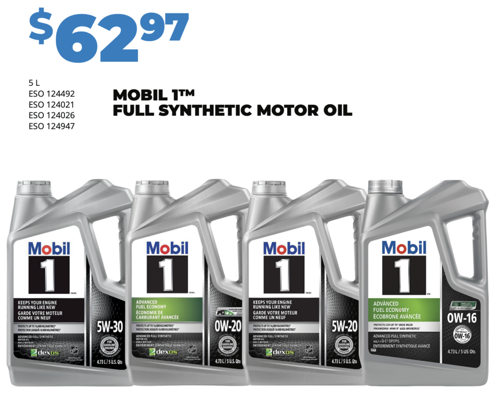 Mobil 1 Full Synthetic Motor Oil is on sale for only $62.97 in Leamington at Pete's Paint and Parts.
