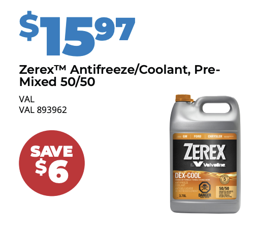 Zerex 50/50 Antifreeze/Coolant is on sale for only $15.97 at Pete's Paint and Parts in Leamington Ontario.