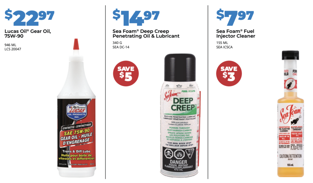 Sea Foam Fuel Injector Cleaner is on sale for $7.97, Sea Foam Deep Creep Lubricant is on sale for $14.97 and Lucas Oil Gear Oil is on sale for $22.97 at Pete's Paint and Parts in Leamington.
