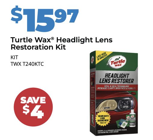 Restore faded headlights with the Turtle Wax Headlight Lens Restoration Kit for $15.97 at Pete's Paint and Parts in Leamington.