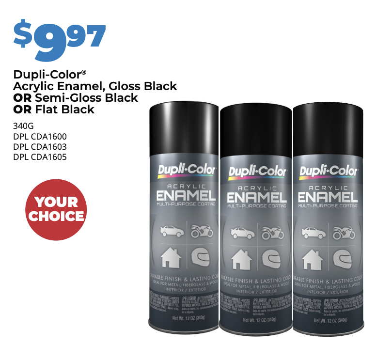 Need to refresh a trailer, utility equipment, or another project around the garage? Dupli-Color Acrylic Enamel Spray Paint is available for just $9.97.
